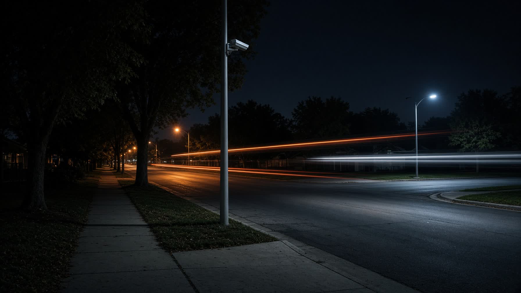 Night intersection with an anonymous pole camera above the road