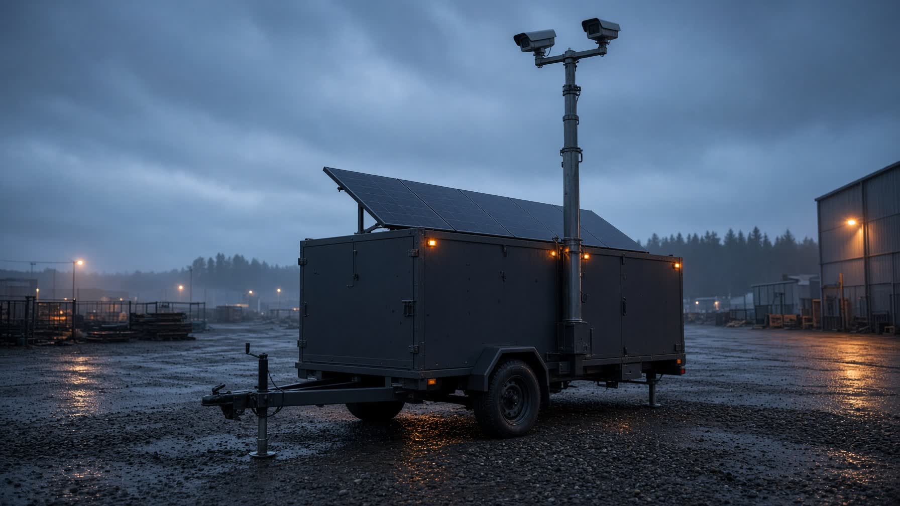 Solar security trailer on a gravel lot at dusk, mast raised