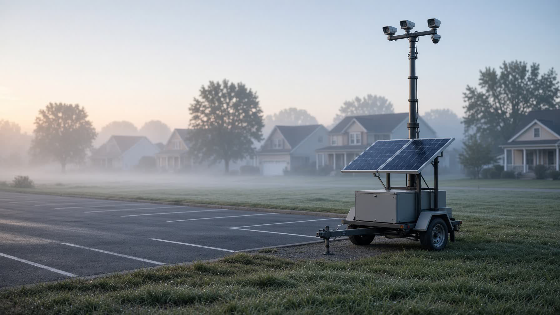 Solar security trailer at the edge of a suburban parking lot at dawn