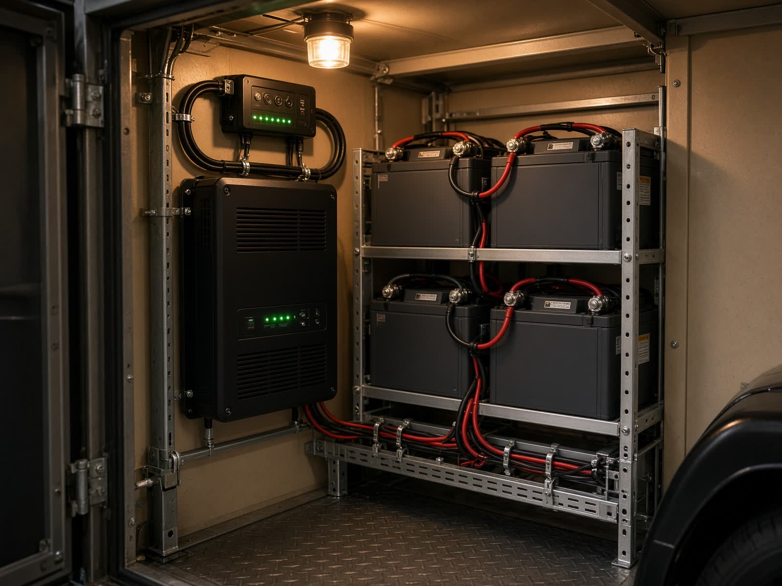 Interior equipment bay with inverter, charge controller, and battery bank