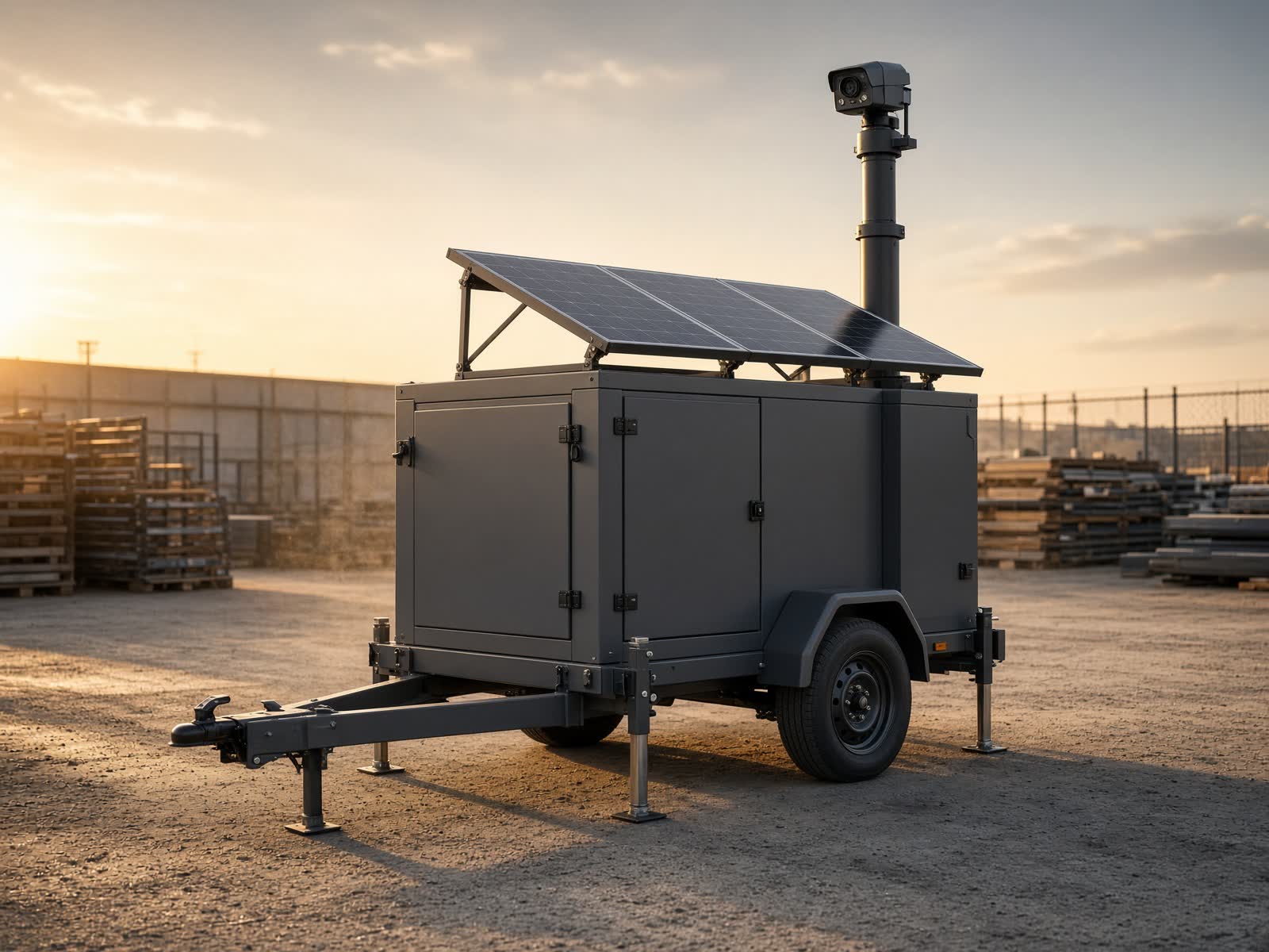 Solar security trailer in an equipment yard, mast and array deployed